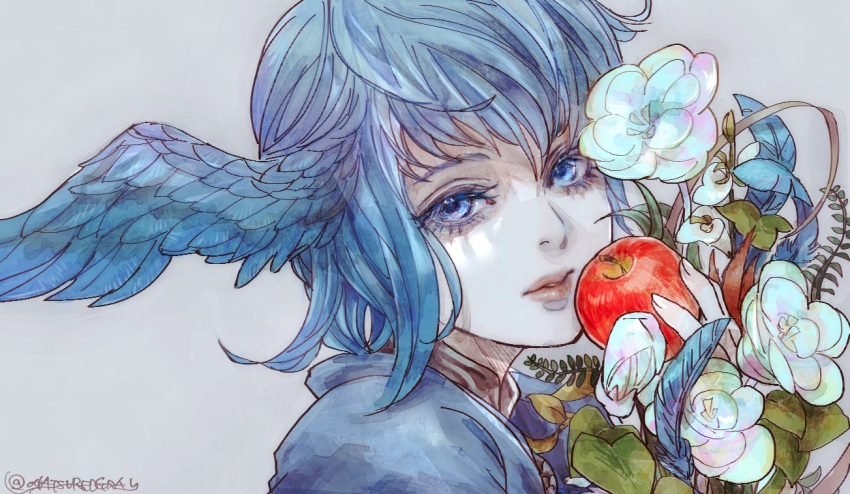 1girl apple bangs bird_wings blue_hair colored_eyelashes expressionless feathered_wings feathers final_fantasy final_fantasy_xiv flower food from_side fruit grey_background head_wings holding holding_food holding_fruit looking_at_viewer meteion oyatsuredgray parted_lips portrait realistic short_hair signature simple_background solo twitter_username wings