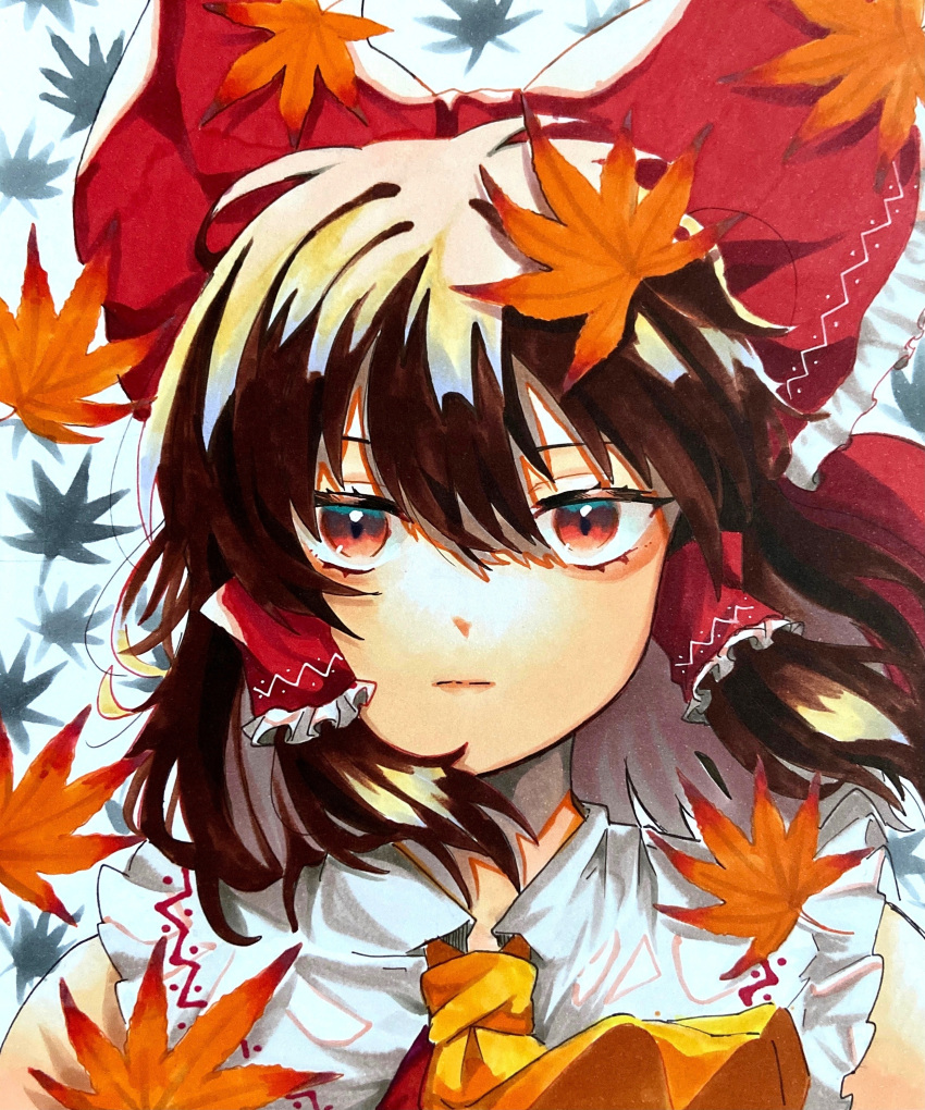 1girl absurdres ascot autumn_leaves bangs bow brown_hair commentary expressionless frilled_bow frilled_hair_tubes frilled_shirt_collar frills hair_bow hair_tubes hakurei_reimu highres leaf leaf_on_head lips looking_at_viewer marker_(medium) medium_hair portrait red_bow red_eyes shirt sleeveless sleeveless_shirt solo touhou traditional_media uchisaki_himari white_shirt yellow_ascot