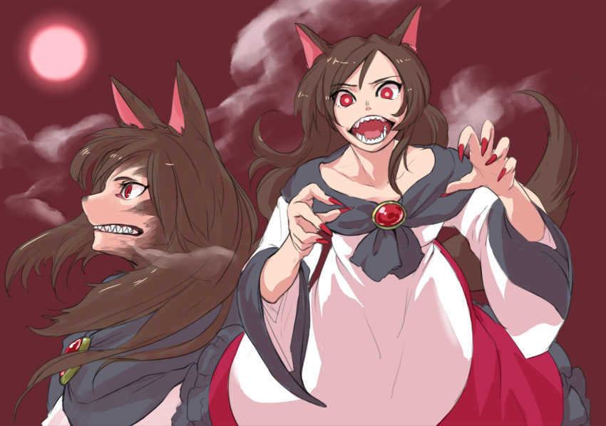 1girl amayadori-tei animal_ears bangs breasts brooch brown_hair commentary_request cowboy_shot dress fingernails full_moon imaizumi_kagerou jewelry long_hair looking_at_viewer moon open_mouth red_eyes red_nails red_sky sharp_fingernails sharp_teeth sky small_breasts teeth touhou transformation werewolf white_dress wolf_ears wolf_girl