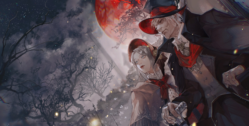 1boy 1girl absurdres ascot black_coat black_headwear bloodborne blue_eyes bonnet brown_capelet bush cane capelet clouds cloudy_sky coat collared_coat commentary dutch_angle english_commentary expressionless flower full_moon gehrman_the_first_hunter grey_ascot grey_hair hat highres holding holding_cane light_particles looking_up moon night night_sky old old_man outdoors plain_doll red_ascot red_headwear red_lips red_moon short_hair sitting sky star_(sky) starry_sky top_hat tree upper_body white_hair wrinkled_skin yu_anle_bu_le