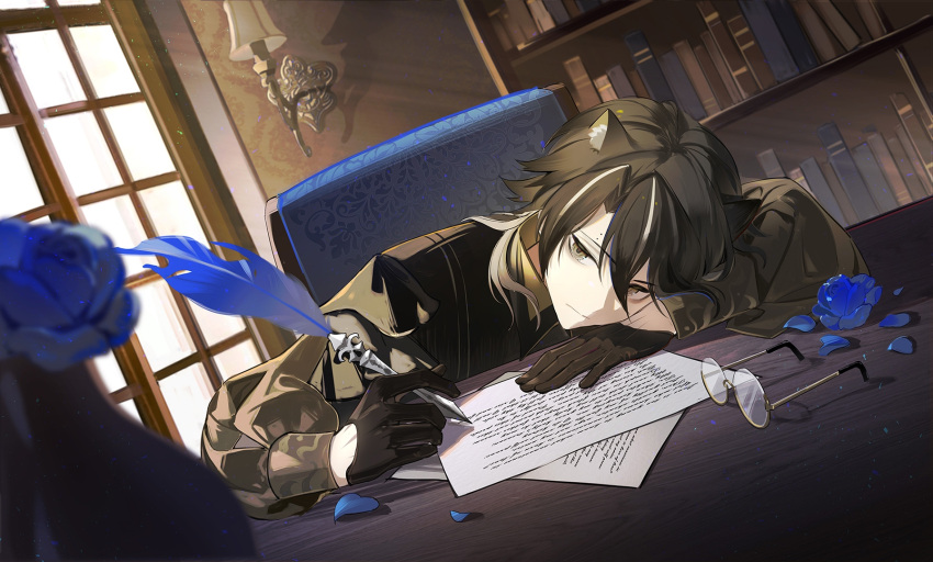 1boy animal_ears arknights bishounen black_gloves black_hair blue_feathers blue_flower blue_rose book bookshelf cat_boy cat_ears commentary_request couch desk feathers flower glasses gloves grey_eyes head_on_arm head_on_table highres indoors lamp male_focus playwright_(arknights) quill remirror rose sitting solo upper_body writing