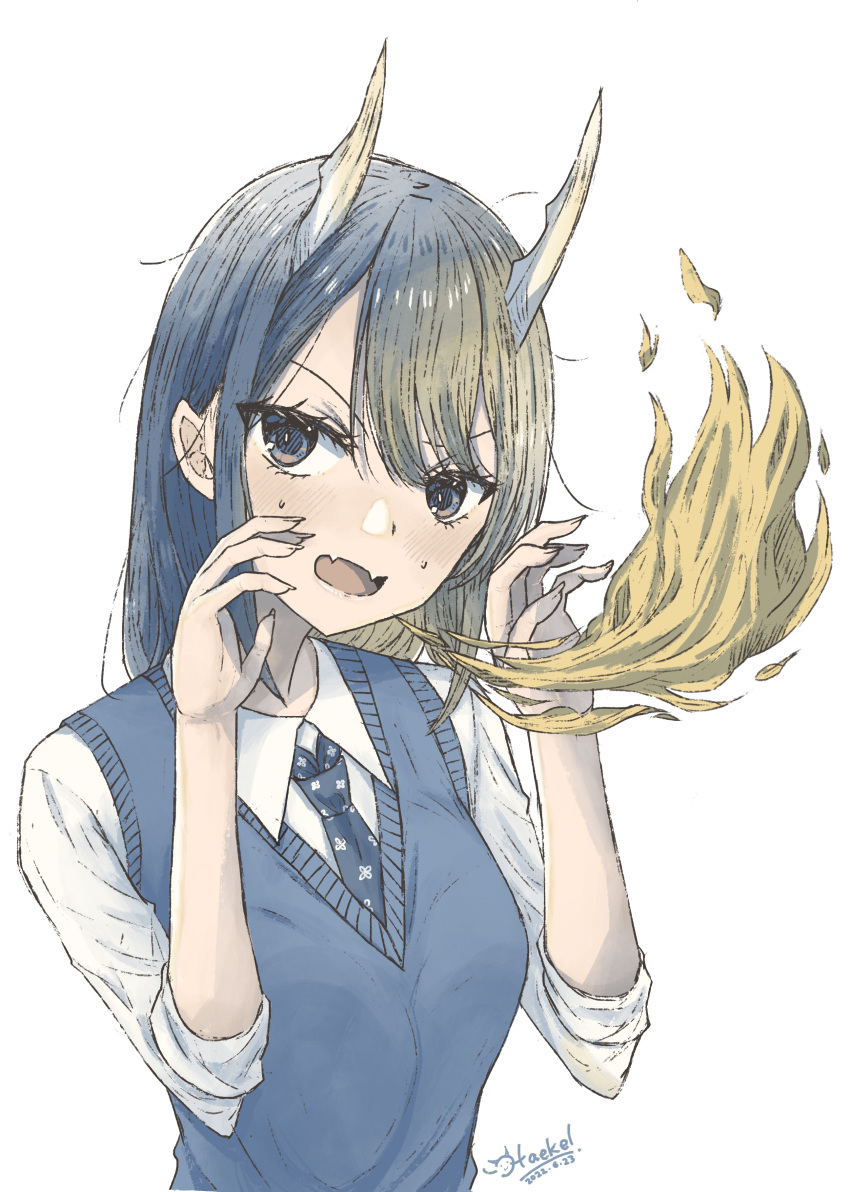1girl absurdres aoki_ruri artist_name bangs blue_eyes blue_hair blue_necktie blush breathing_fire claw_pose collared_shirt dragon_girl dragon_horns fangs fingernails fire haekel hands_up highres horns jitome long_sleeves looking_at_viewer medium_hair necktie open_mouth parted_bangs ruri_dragon school_uniform shirt signature simple_background sleeves_rolled_up solo sweat swept_bangs unkempt upper_body vest white_background white_shirt