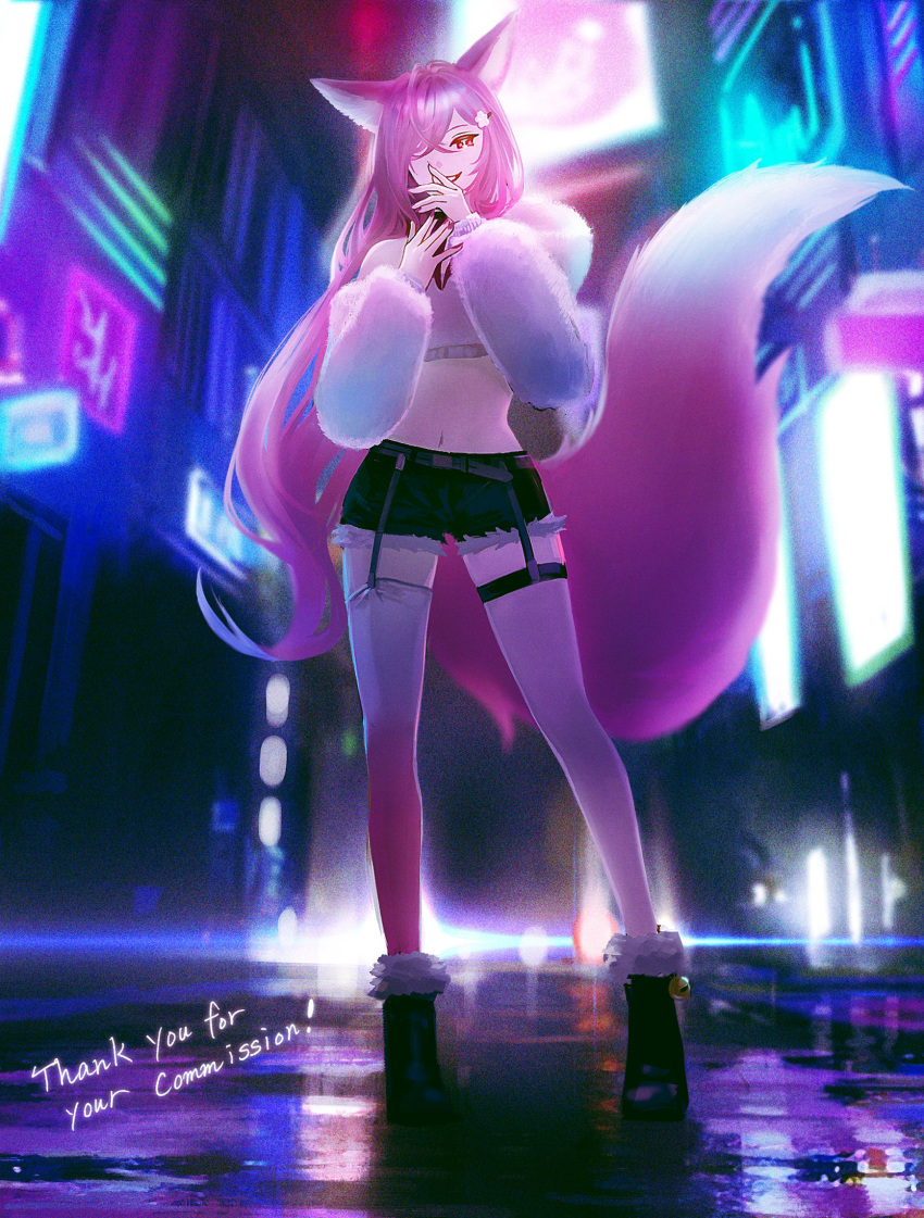 1girl animal_ears anna_(drw01) bangs bell black_shorts boots building city collar commission commissioner_upload full_body hair_ornament headlight highres koinu_emiko long_hair looking_at_viewer midriff night off_shoulder original parted_lips pink_eyes pink_hair pink_nails puddle scenery shorts smile solo standing tail thigh-highs thigh_strap wolf_ears wolf_girl wolf_tail