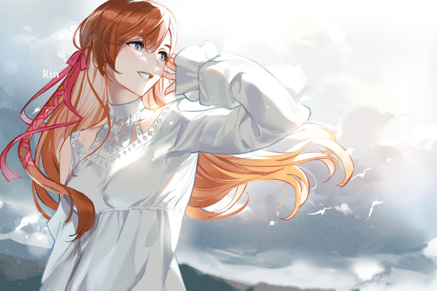 1girl bangs bird blue_eyes character_name clouds cloudy_sky collarbone commentary_request final_fantasy final_fantasy_xiv floating_hair grin hair_ribbon hand_up hyur korean_commentary long_hair long_sleeves looking_afar looking_ahead orange_hair outdoors ribbon ryne shirt sight_ff14 sky smile solo upper_body white_shirt