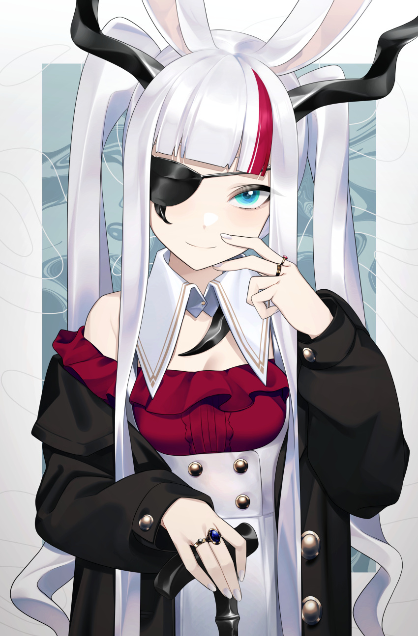1girl absurdres animal_ears blue_eyes cane closed_mouth eyepatch grey_nails highres jewelry long_hair long_sleeves looking_at_viewer multicolored_hair original redhead ring smile solo streaked_hair twintails very_long_hair wakamepiza white_hair