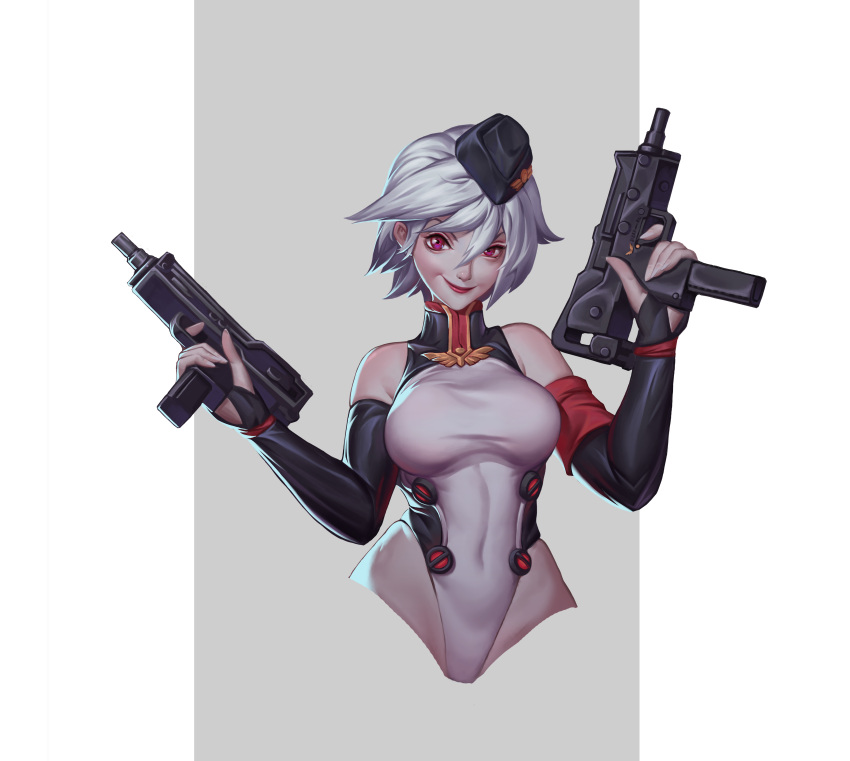 1girl absurdres armband bare_shoulders black_headwear closed_mouth covered_navel fingernails grey_background grey_hair grossic gun hair_between_eyes hat highres holding holding_gun holding_weapon leotard long_fingernails original red_armband short_hair skindentation smile solo two-tone_background violet_eyes weapon white_background