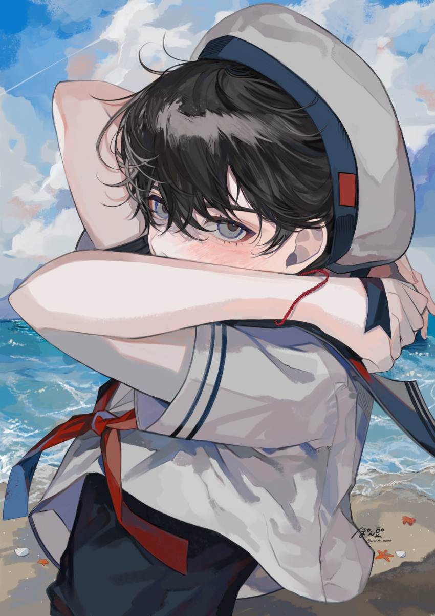 1boy beach black_shirt blue_sky child clouds commentary_request covered_mouth covering_mouth day hands_up hat highres horizon looking_at_viewer male_child male_focus ocean original outdoors ponn_mame sailor_hat sand shirt sky solo water white_headwear