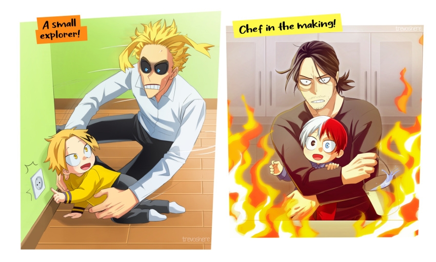 4boys :d age_difference baby bangs black_hair black_pants black_shirt blonde_hair blue_eyes boku_no_hero_academia bucket collared_shirt english_text eraser_head_(boku_no_hero_academia) facial_hair fire happy heterochromia highres holding holding_bucket kaminari_denki male_focus medium_hair multicolored_hair multiple_boys open_mouth orange_eyes pants redhead scar scar_on_face shirt short_hair smile stubble teeth todoroki_shouto trevo_(trevoshere) two-tone_hair upper_body water white_hair white_legwear white_shirt yagi_toshinori yellow_shirt