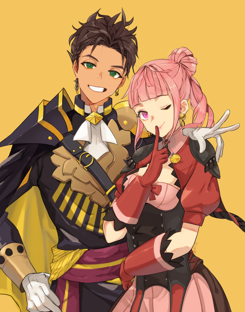1boy 1girl alternate_hairstyle bangs cape claude_von_riegan closed_mouth dark-skinned_male dark_skin fire_emblem fire_emblem:_three_houses fire_emblem_warriors:_three_hopes gloves green_eyes hair_bun hand_on_another's_shoulder highres hilda_valentine_goneril long_hair long_sleeves looking_at_viewer official_alternate_costume official_alternate_hairstyle one_eye_closed pink_eyes pink_hair simple_background smile white_gloves yachimata_1205