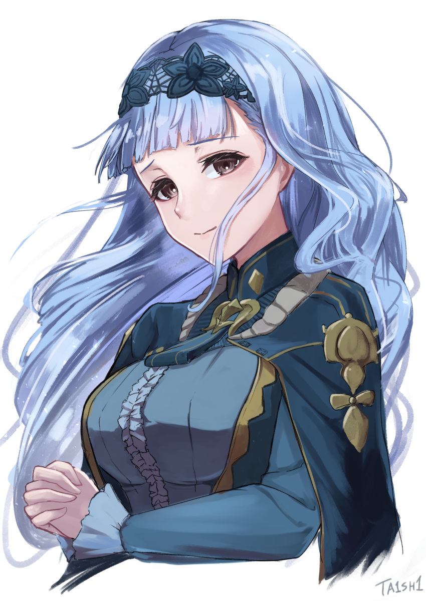 1girl absurdres artist_name bangs black_eyes blue_capelet blue_dress blue_hair blue_hairband blunt_bangs breasts capelet center_frills closed_mouth commentary_request cropped_torso dress fire_emblem fire_emblem:_three_houses fire_emblem_warriors:_three_hopes floating_hair frills hairband highres lace_hairband light_smile long_hair long_sleeves looking_at_viewer marianne_von_edmund medium_breasts official_alternate_costume official_alternate_hairstyle own_hands_together simple_background smile solo ta1sh1 very_long_hair wavy_hair white_background