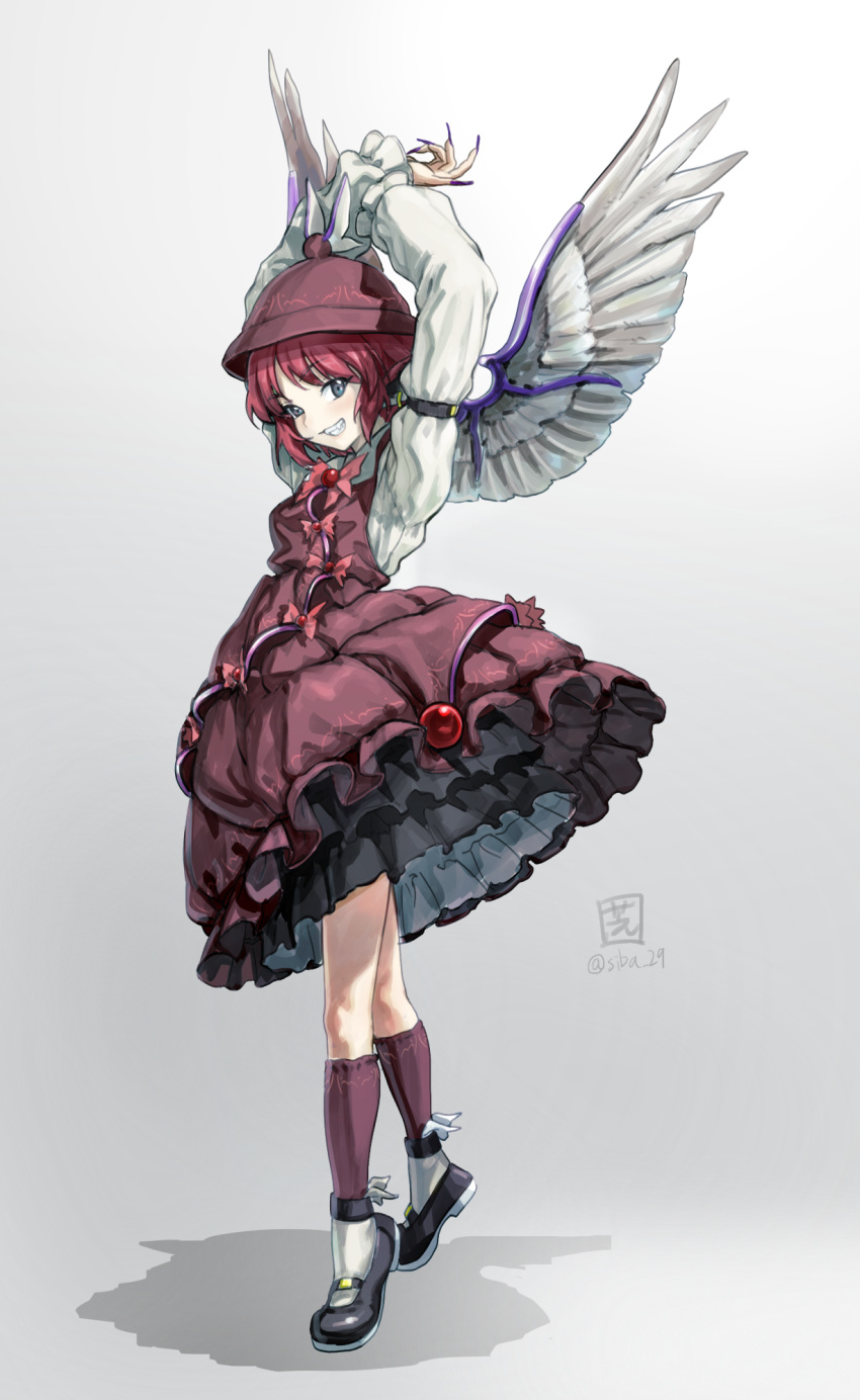 1girl animal_ears arms_up bird_ears bird_wings black_footwear blush brown_dress brown_headwear brown_legwear dress earrings fingernails frilled_dress frilled_sleeves frills full_body grey_eyes grin highres jewelry kneehighs long_fingernails long_sleeves mystia_lorelei nail_polish pink_eyes purple_nails sharp_fingernails shiba_itsuki shoes short_hair signature single_earring smile solo touhou twitter_username white_wings winged_hat wings