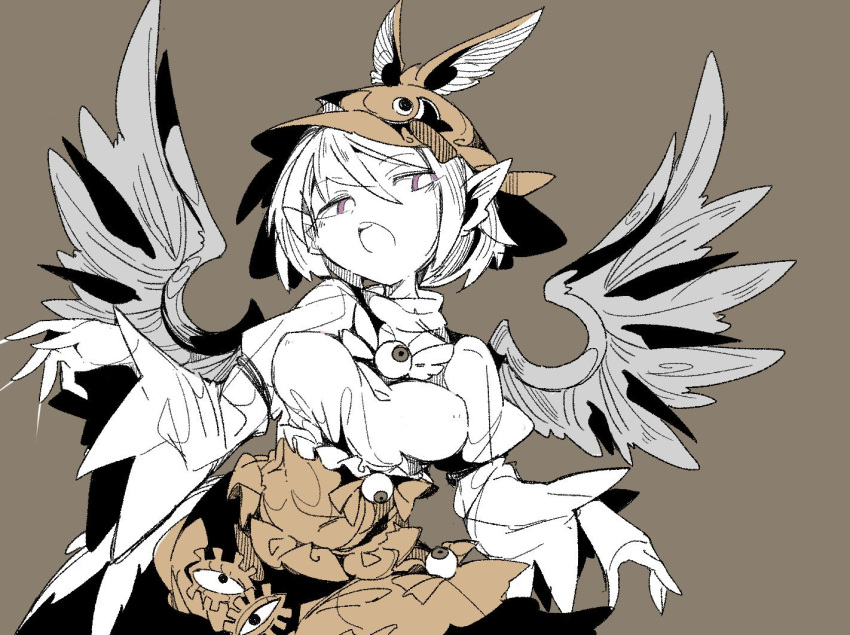 1girl animal_ears bird_ears bird_wings brown_background brown_headwear dress fingernails hair_between_eyes long_fingernails long_sleeves massakasama mystia_lorelei open_mouth pink_eyes sharp_fingernails short_hair simple_background solo teeth touhou upper_body upper_teeth wide_sleeves winged_hat wings