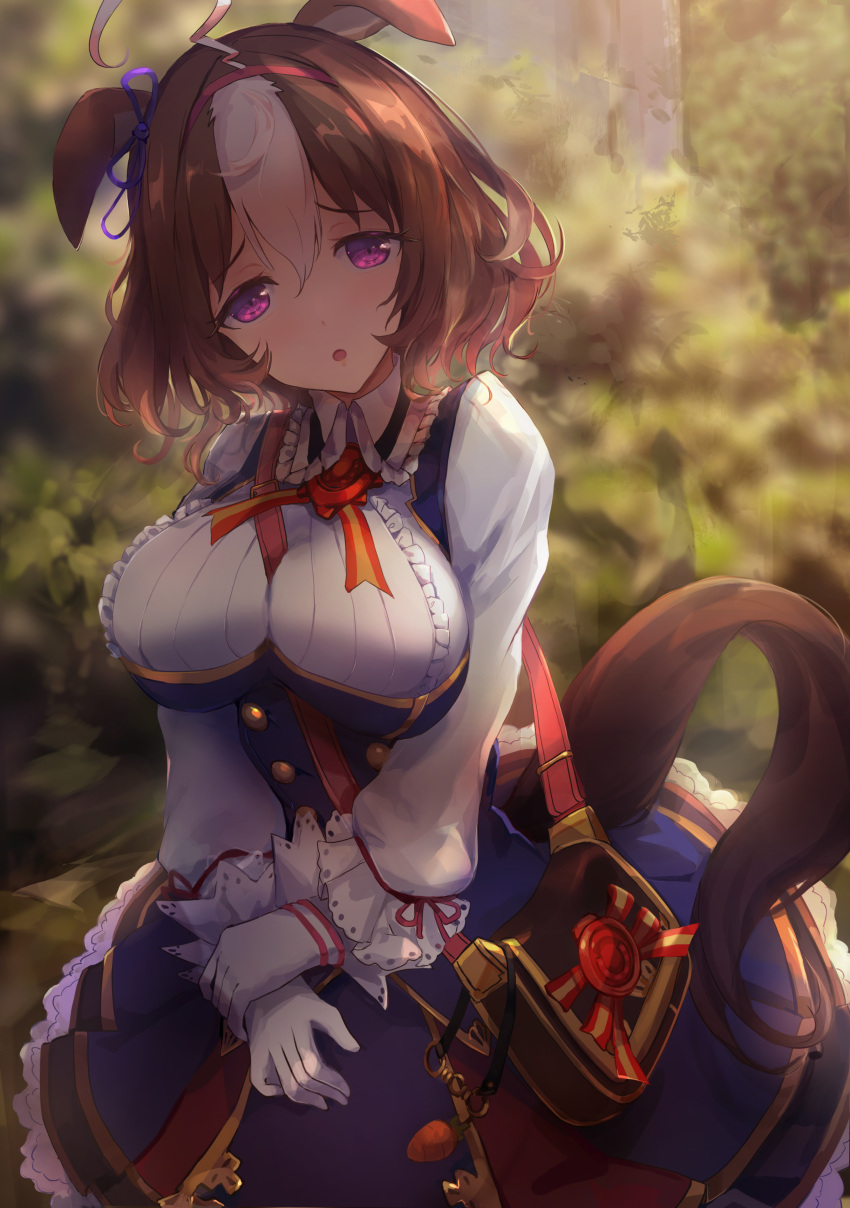 1girl absurdres ahoge bag between_breasts blurry blurry_background blush breasts brown_hair commentary gloves handbag headband highres large_breasts medium_hair meisho_doto_(umamusume) solo trrcmb umamusume violet_eyes white_gloves