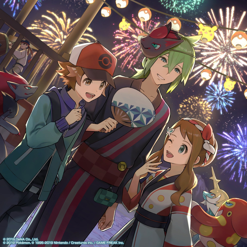 1girl 3boys :d alternate_color bangs belt_buckle black_belt_(pokemon) blue_jacket brown_eyes brown_hair buckle collarbone commentary_request drum fireworks grapploct green_hair hair_between_eyes hand_up hat highres hilbert_(pokemon) hilda_(pokemon) holding holding_paddle instrument jacket japanese_clothes kimono long_hair long_sleeves mask mask_on_head multiple_boys n_(pokemon) narumiya_(040miya) night official_art open_mouth outdoors paddle pants pikachu pokemon pokemon_(game) pokemon_bw pokemon_masters_ex samurott sash shiny_pokemon short_hair sidelocks sky smile teeth themed_object tongue zoroark