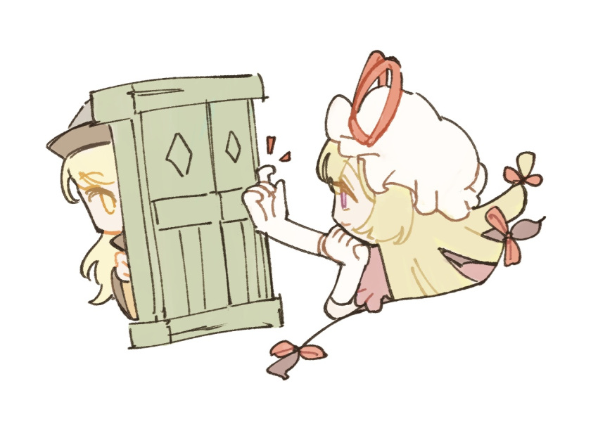 2girls arm_up bangs blonde_hair blush bow brown_headwear cape chibi closed_mouth commentary_request detached_sleeves door dress elbow_gloves gap_(touhou) gloves grey_headwear hair_between_eyes hair_bow hand_up hands_up hat hat_bow korean_commentary long_hair long_sleeves looking_at_another looking_to_the_side matara_okina mob_cap multiple_girls odacxam orange_cape puffy_short_sleeves puffy_sleeves purple_dress red_bow short_sleeves simple_background smile touhou violet_eyes white_background white_gloves white_headwear wide_sleeves yakumo_yukari yellow_eyes