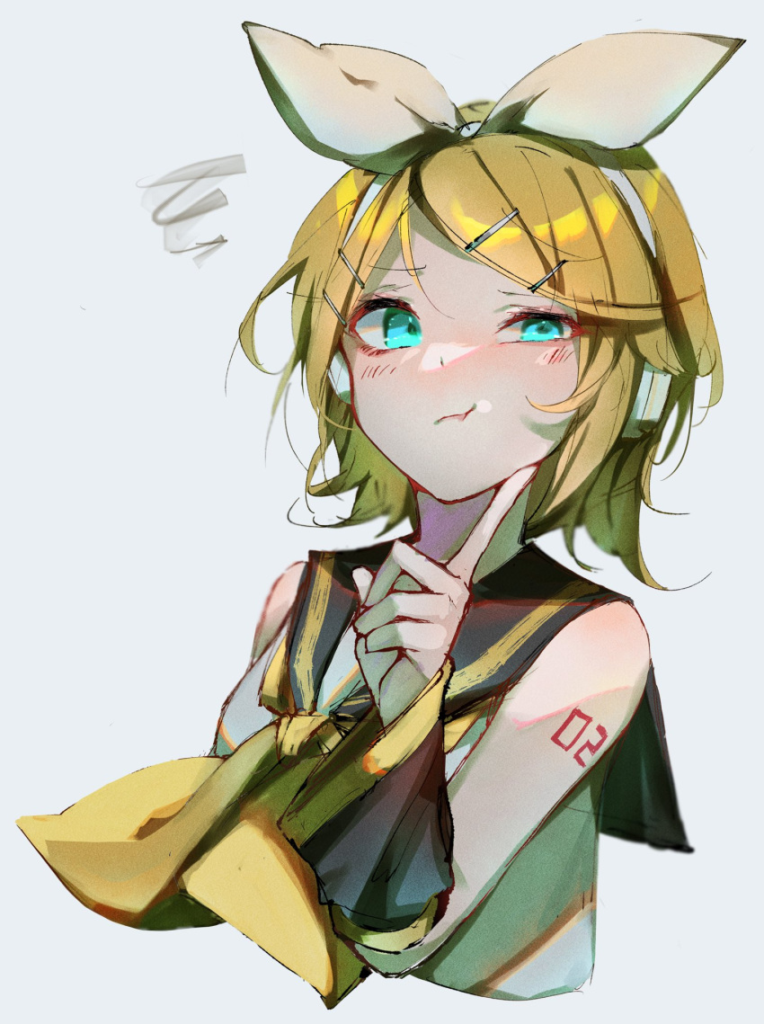 1girl annoyed aqua_eyes ascot bare_shoulders blonde_hair blush bow breasts detached_sleeves finger_to_own_chin hair_bow hair_ornament hairclip half-closed_eye headphones headset highres index_finger_raised kagamine_rin looking_at_viewer murumuru_(pixiv51689952) number_tattoo pout sailor_collar shirt short_hair shoulder_tattoo sleeveless sleeveless_shirt small_breasts solo squiggle tattoo treble_clef upper_body vocaloid white_bow yellow_ascot