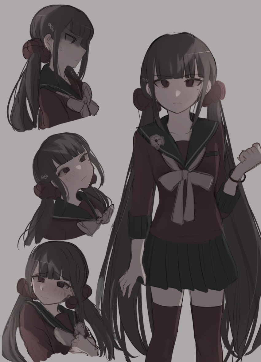 1girl 5_106y absurdres bangs black_sailor_collar blush bow bowtie clenched_hand closed_mouth cropped_torso danganronpa_(series) danganronpa_v3:_killing_harmony hair_ornament hand_up harukawa_maki highres long_hair long_sleeves looking_at_viewer low_twintails miniskirt mole mole_under_eye multiple_views pleated_skirt red_eyes red_legwear red_scrunchie red_shirt revision sailor_collar school_uniform scrunchie shirt skirt thigh-highs twintails zettai_ryouiki