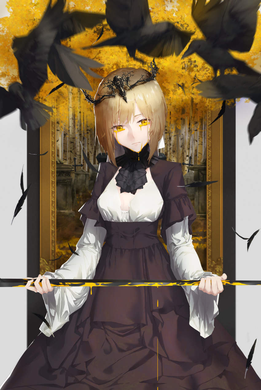 1girl absurdres animal autumn bird black_feathers blade blonde_hair blood blood_on_weapon cross crow crown crying crying_with_eyes_open dress dripping feathers flying grave highres holding holding_weapon hui_feng original painting_(object) picture_frame solo tears tombstone tree weapon yellow_blood yellow_eyes yellow_theme