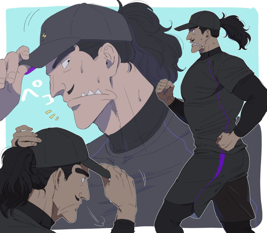 1boy alternate_costume alternate_hairstyle baseball_cap black_eyes black_hair black_headwear black_shirt black_shorts blue_background clenched_hands closed_mouth commentary_request contemporary desha_(ousama_ranking) facial_hair from_side hair_through_headwear hair_up hat layered_sleeves long_hair long_sleeves male_focus multiple_views mustache ousama_ranking ponytail running sharp_teeth shijimi_(taurin69) shirt short_over_long_sleeves short_sleeves shorts simple_background teeth