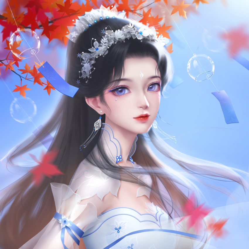 1girl absurdres black_hair blue_eyes blue_sky branch dress earrings face facial_mark falling_leaves forehead_mark from_side highres jewelry leaf long_hair lu_xueqi_(zhu_xian) lu_xueqi_tongren_ye maple_leaf sky solo upper_body white_dress zhu_xian