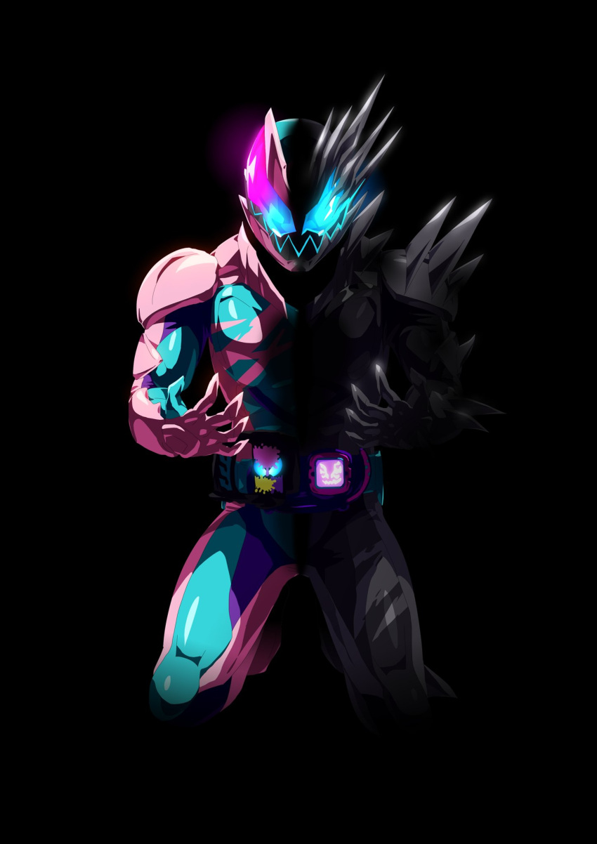 1boy armor asymmetrical_armor black_armor black_background black_scarf blue_eyes bodysuit compound_eyes demon_boy driver_(kamen_rider) full_body helmet heterochromia highres ink kamen_rider kamen_rider_jack_revice kamen_rider_revi kamen_rider_revice lunging male_focus monsterification official_alternate_costume otokamu pink_armor red_eyes revice_driver rider_belt rolling_vistamp scarf sharp_teeth shoulder_armor spiked_armor teeth tokusatsu transformation