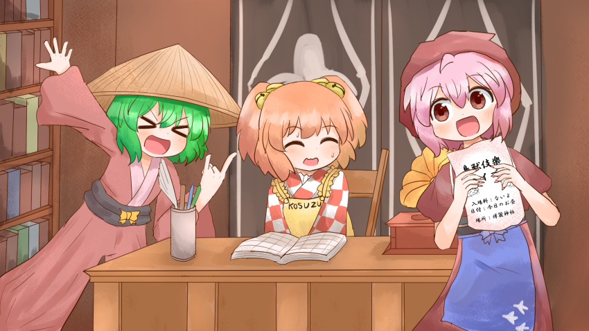 &gt;_&lt; 3girls ajirogasa apron bell blush book brown_eyes checkered_clothes checkered_kimono closed_eyes clothes_writing coruthi fingernails green_hair hair_bell hair_between_eyes hair_ornament hat head_scarf highres holding holding_paper japanese_clothes kasodani_kyouko kimono long_fingernails long_sleeves motoori_kosuzu multiple_girls mystia_lorelei nail_polish open_book open_mouth paper pink_hair pink_nails sharp_fingernails short_hair short_sleeves sitting smile touhou twintails yellow_apron