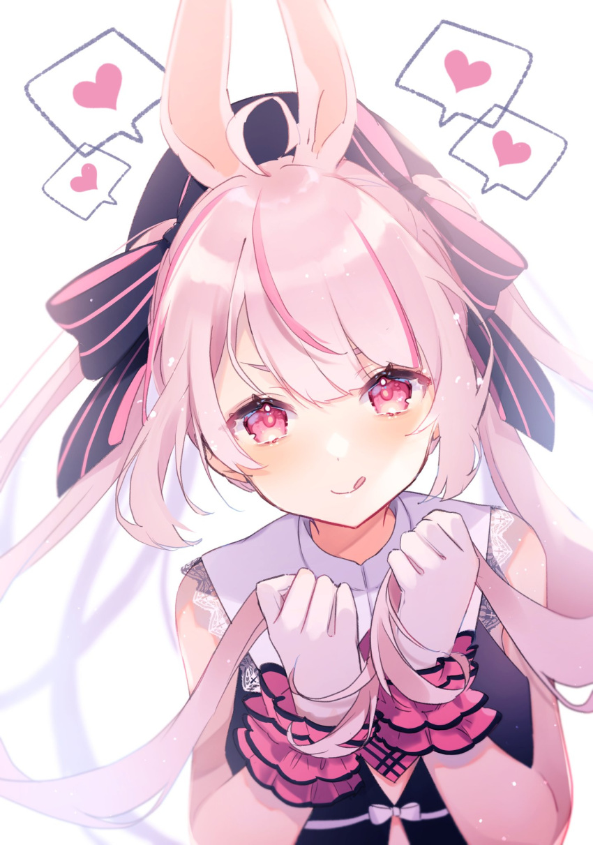 1girl :q ahoge animal_ears bangs bare_arms beret black_bow black_headwear blush bow clothing_request collar commentary dot_nose eyebrows_behind_hair gloves hands_up hat heart highres holding holding_hair indie_virtual_youtuber long_hair looking_at_viewer multicolored_hair pink_bow pink_eyes pink_hair pink_scrunchie rabbit_ears ragi_(diabolik_angle) scrunchie shirt simple_background sleeveless sleeveless_shirt solo spoken_heart streaked_hair striped striped_bow symbol-only_commentary tomari_mari tongue tongue_out two-tone_bow upper_body virtual_youtuber white_background white_bow white_collar white_gloves wrist_scrunchie