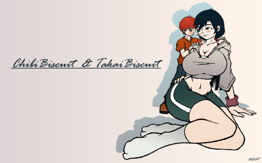 chibi_biscuit cleavage large_breasts love midriff minigiantess purple_hair redhead short_hair size_difference takai_biscuit thick_thighs touch