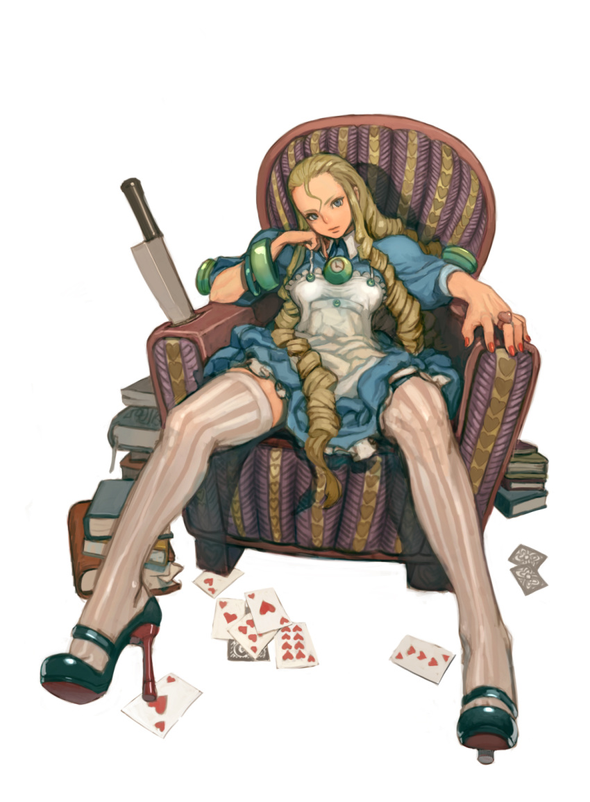 alice_(wonderland) alice_in_wonderland arm_support blonde_hair blue_eyes book card cards chair drill_hair duplicate forehead high_heels highres jewelry knife long_hair lying_card nail_polish playing_card playing_cards ring shoes sitting solo striped striped_legwear striped_thighhighs thigh-highs thighhighs vertical-striped_legwear vertical_stripes weltol