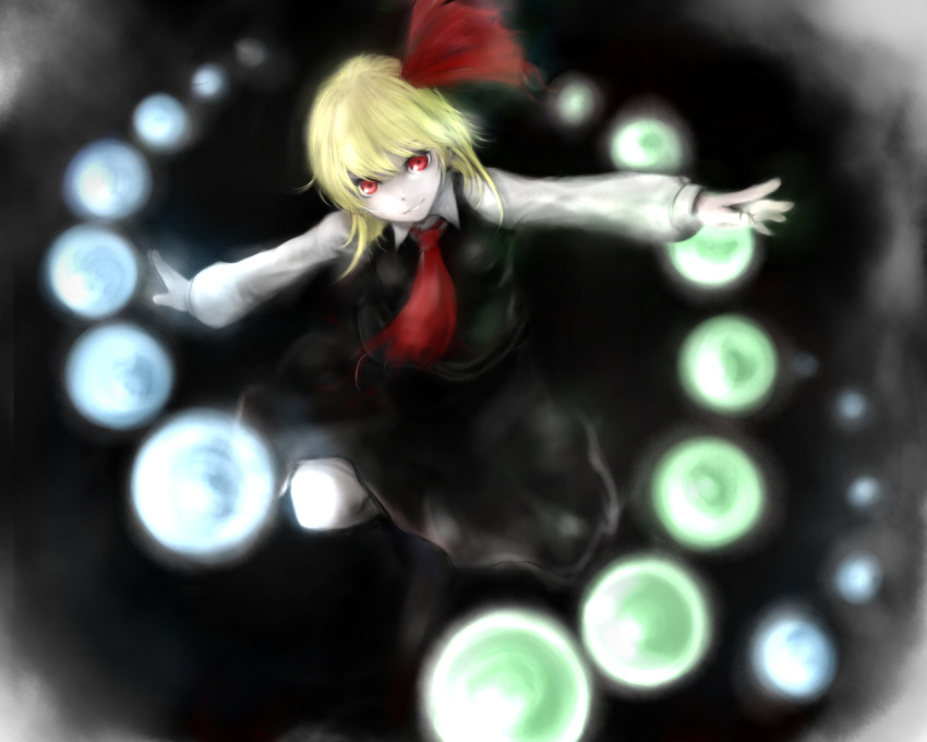 blonde_hair danmaku goichi hair_ribbon looking_at_viewer outstretched_arms red_eyes ribbon rumia short_hair smile solo spread_arms touhou