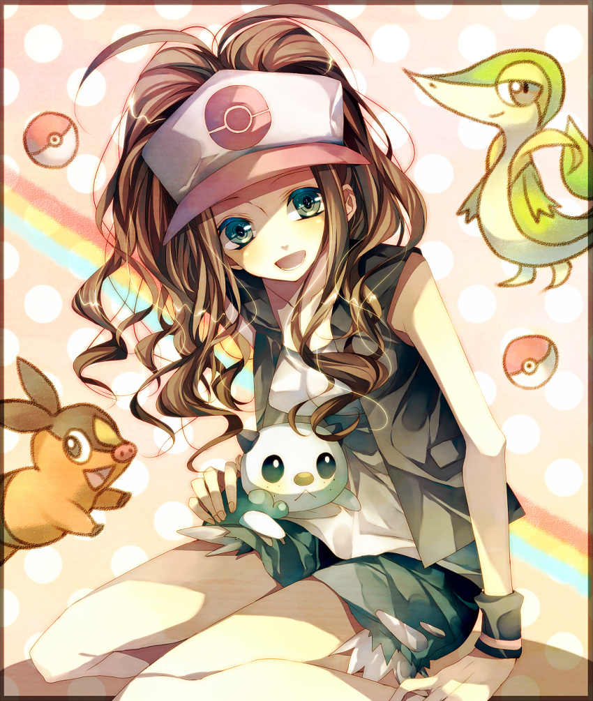 blue_eyes brown_hair denim denim_shorts hat highres oshawott poke_ball pokemon pokemon_(game) pokemon_black_and_white pokemon_bw ponytail shorts sitting smile snivy solo tank_top tepig touko_(pokemon) tsukioka_tsukiho vest