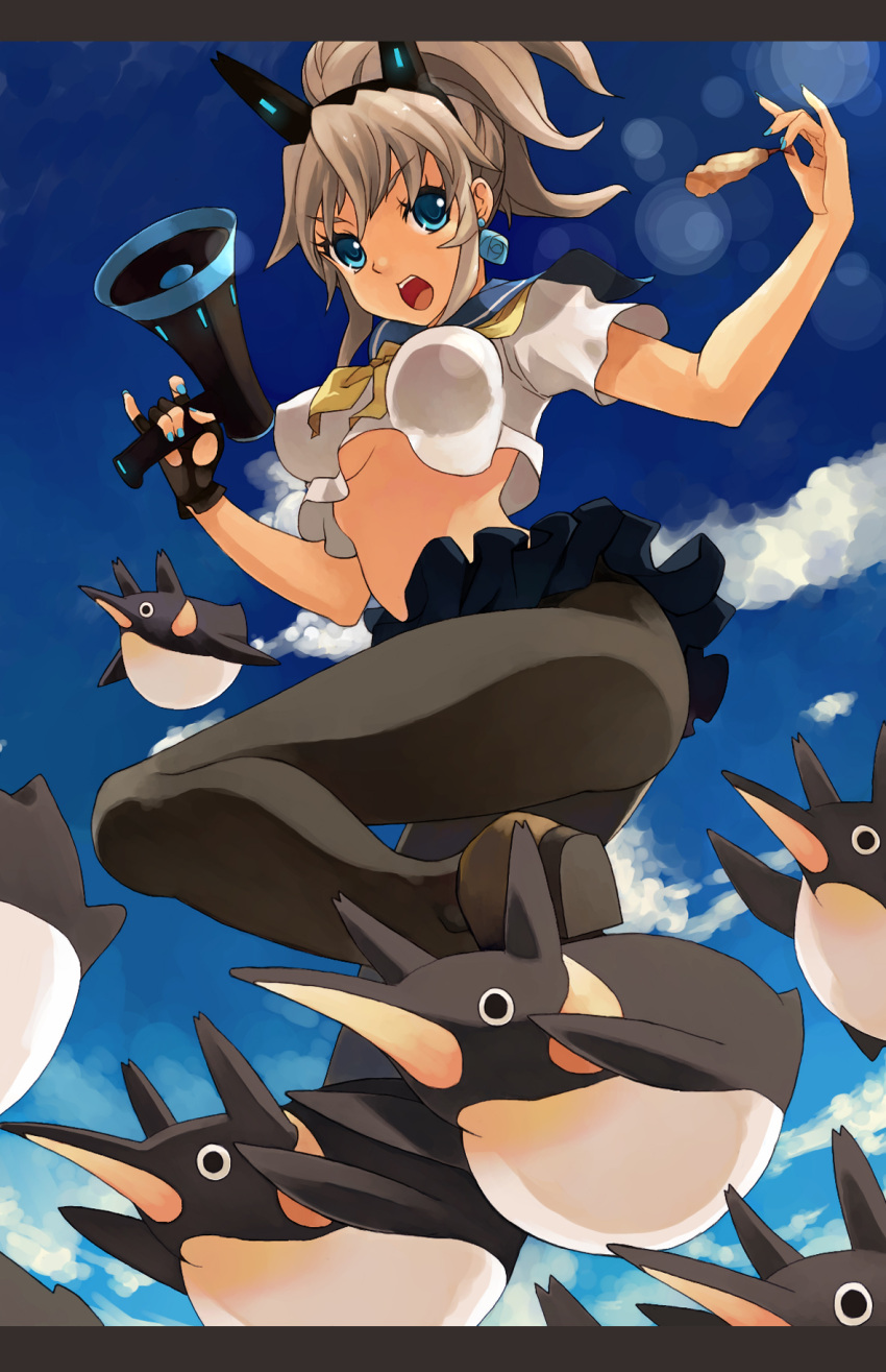 bird blonde_hair blue_eyes breasts cloud crop_top earrings fingerless_gloves flying gloves highres jewelry legs lens_flare megaphone midriff nail_polish open_mouth original pantyhose penguin penguin_caee ponytail school_uniform short_hair shrimp skirt sky solo underboob