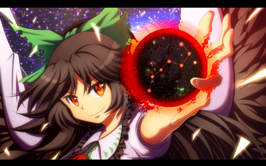 black_sun bow cape constellation crossover foreshortening hair_bow hokuto_no_ken letterboxed long_hair magic nuclear outstretched_arm qontamblue radiation_symbol red_eyes reiuji_utsuho smile solo star sun symbol-shaped_pupils touhou wallpaper wings
