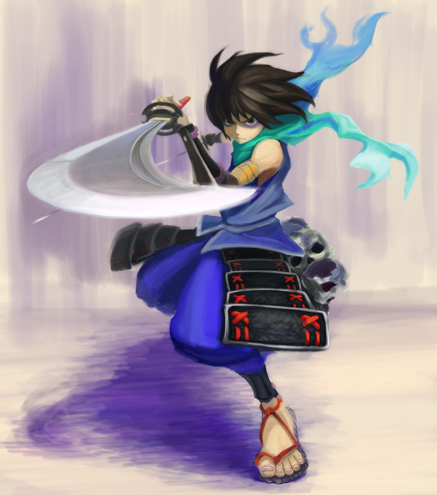 black_hair dual_wielding fighting_stance gauntlets highres katana kisuke ninja oboro_muramasa oboro_muramasa_youtouden s-kan sandals scarf skull stance sword weapon