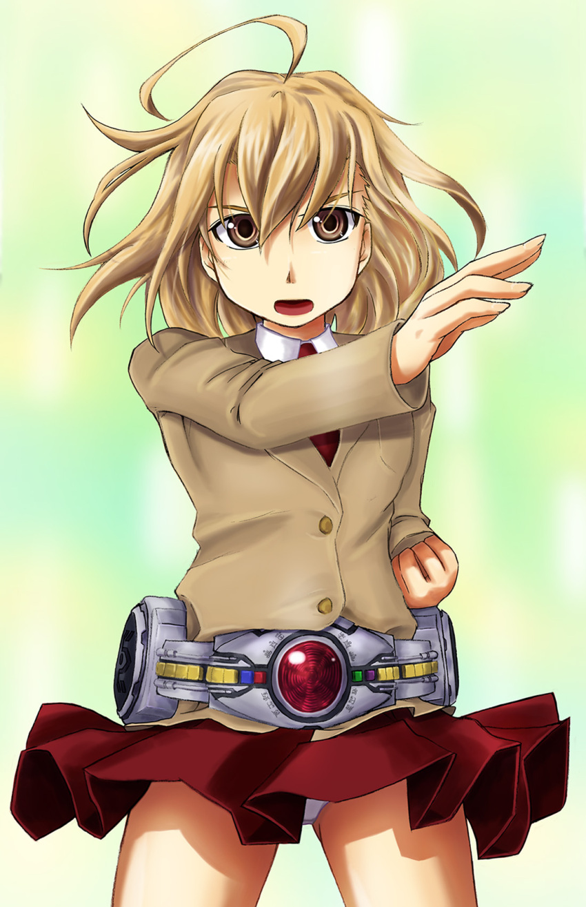 alto-00 belt blazer blonde_hair brown_eyes cosplay henshin henshin_pose highres kamen_rider kamen_rider_kuuga_(series) necktie panties pantyshot pose school_uniform skirt skirt_lift underwear uniform