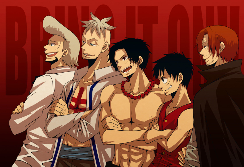 beard facial_hair freckles grin highres honey_bunny jewelry lineup male manly marco monkey_d_luffy multiple_boys muscle necklace one_piece open_clothes open_shirt portgas_d_ace red_background scar shanks shirt shirtless smile tattoo thatch