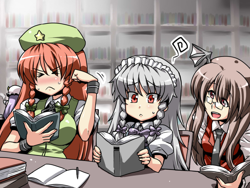 &gt;_&lt; 4girls :&lt; alternate_hair_length alternate_hairstyle bespectacled blush book bow braid brown_hair clenched_hand glasses hair_bow head_wings highres hong_meiling izayoi_sakuya koakuma library long_hair maid_headdress multiple_girls necktie patchouli_knowledge pen reading red_eyes red_hair redhead silver_hair squiggle table touhou tsuki_wani twin_braids voile young