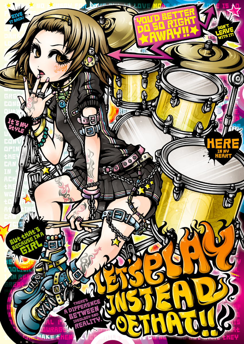 bracelet brown_eyes brown_hair chain chains drum headphones highres instrument jewelry k-on! nail_polish project.c.k. ring solo tainaka_ritsu tattoo