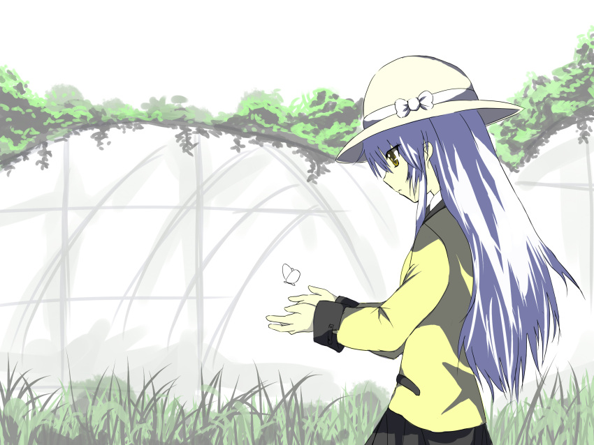 angel_beats! blazer butterfly hat highres long_hair school_uniform senya_fuurin silver_hair skirt solo sun_hat tachibana_kanade yellow_eyes