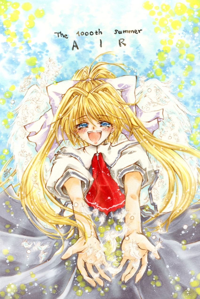 air blonde_hair blue_eyes feathers hair_ribbon hokuna_rin kamio_misuzu long_hair ponytail ribbon school_uniform sparkle tears traditional_media wings