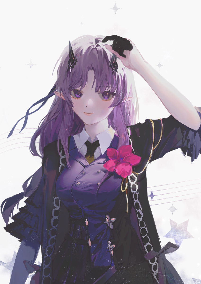 1girl absurdres arknights arm_at_side bangs black_coat black_gloves black_necktie blush buttons closed_mouth coat collared_shirt demon_horns flower galileo_(weishuiqingyi) gloves half_gloves hand_up hibiscus_(arknights) hibiscus_the_purifier_(arknights) highres horns lips long_hair looking_at_viewer necktie open_clothes open_coat parted_bangs pink_flower pointy_ears purple_hair purple_vest shirt smile solo sparkle upper_body very_long_hair vest violet_eyes white_background white_shirt