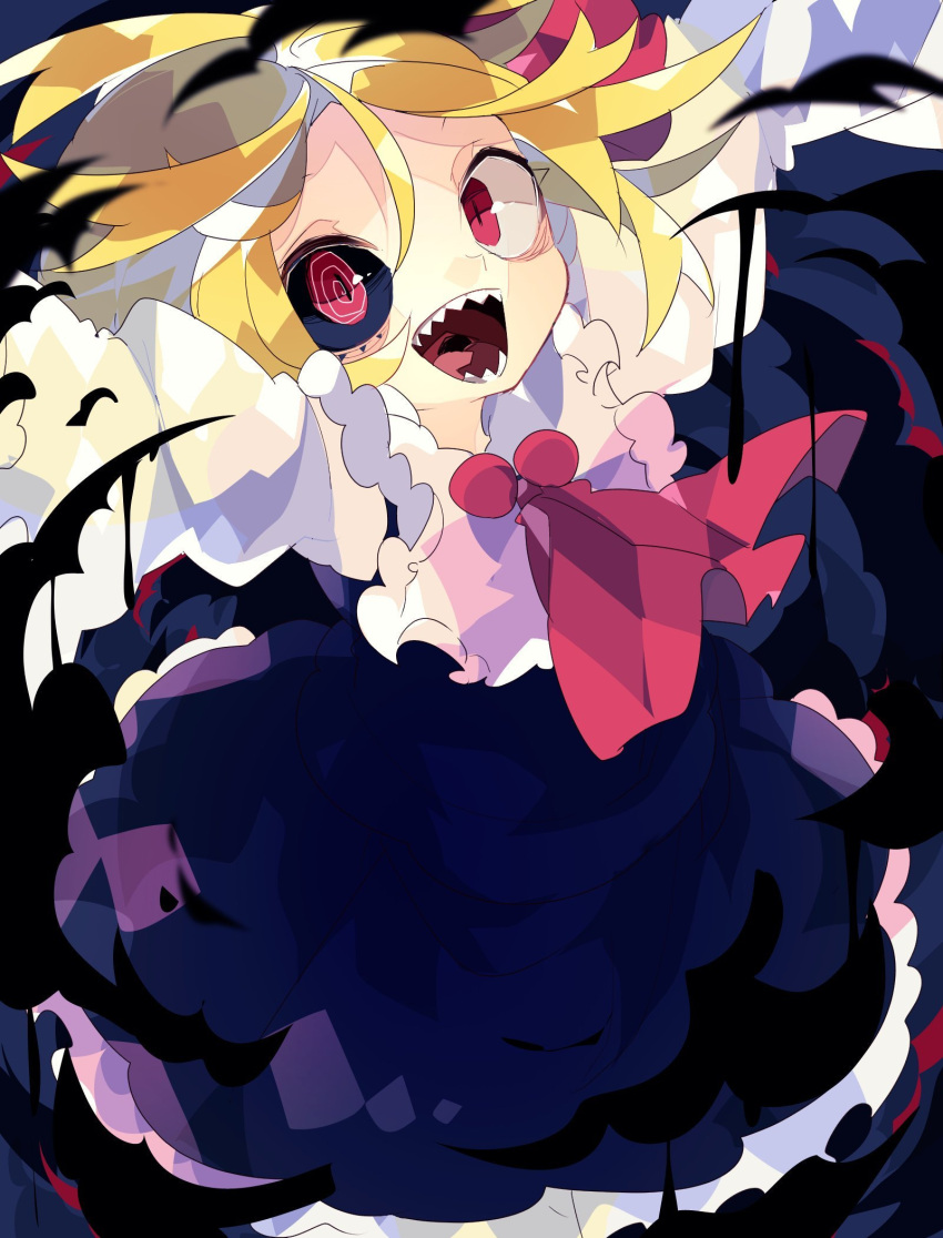 1girl @_@ ascot asymmetrical_eyes bangs black_background black_dress blonde_hair commentary_request darkness dress feet_out_of_frame frilled_dress frilled_shirt_collar frills hair_ribbon highres long_sleeves looking_at_viewer mismatched_sclera nikorashi-ka one-hour_drawing_challenge open_mouth puffy_long_sleeves puffy_sleeves red_ascot red_eyes red_ribbon red_tie ribbon rumia sharp_teeth shirt short_hair solo teeth touhou white_shirt