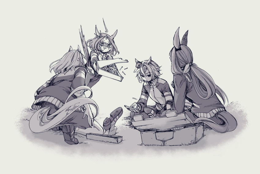 4girls admire_vega_(umamusume) ahoge animal_ears bangs cellphone crown greyscale high_collar highres horse_ears horse_girl horse_tail indian_style jacket long_hair long_sleeves low_ponytail mame_nabe_donko meisho_doto_(umamusume) mini_crown monochrome multiple_girls nail narita_top_road_(umamusume) pants phone platform_footwear ponytail shoes short_hair shorts sitting smartphone sneakers stiff_tail sweat t.m._opera_o_(umamusume) tail tearing_up toolbox track_jacket tripping turn_pale umamusume