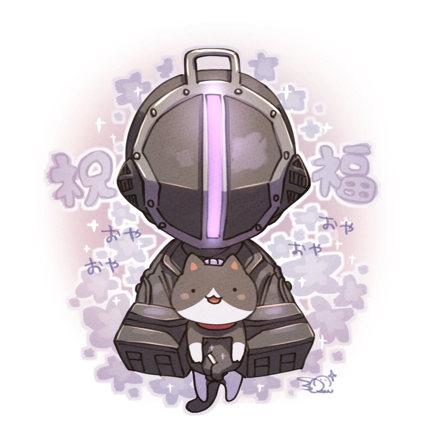 ._. 1boy animal bandam black_cat black_coat black_gloves bondrewd cat chibi coat commentary_request covered_face facing_viewer flower gauntlets gloves helm helmet highres holding holding_animal holding_cat made_in_abyss male_focus signature solo sparkle straight-on translation_request upper_body white_cat