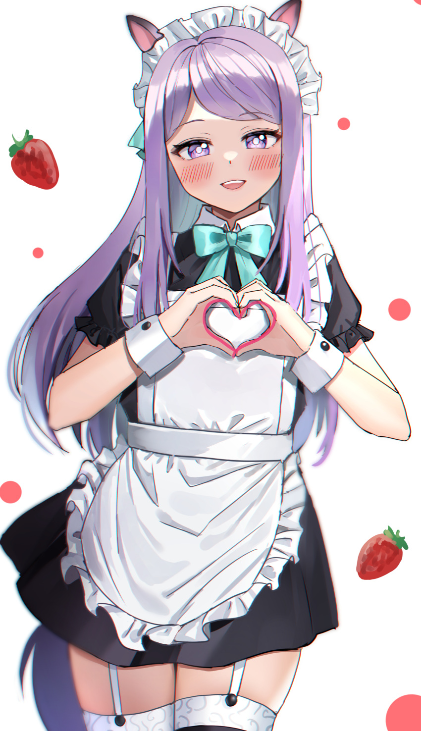 1girl :d absurdres alternate_costume animal_ears apron bangs black_dress black_legwear blue_bow blush bow collared_dress dress enmaided food frilled_apron frills fruit garter_straps heart heart_hands highres horse_ears horse_girl horse_tail kubong long_hair looking_at_viewer maid maid_apron maid_headdress mejiro_mcqueen_(umamusume) puffy_short_sleeves puffy_sleeves purple_hair short_sleeves simple_background smile solo strawberry swept_bangs tail teeth thigh-highs umamusume upper_teeth very_long_hair violet_eyes white_apron white_background