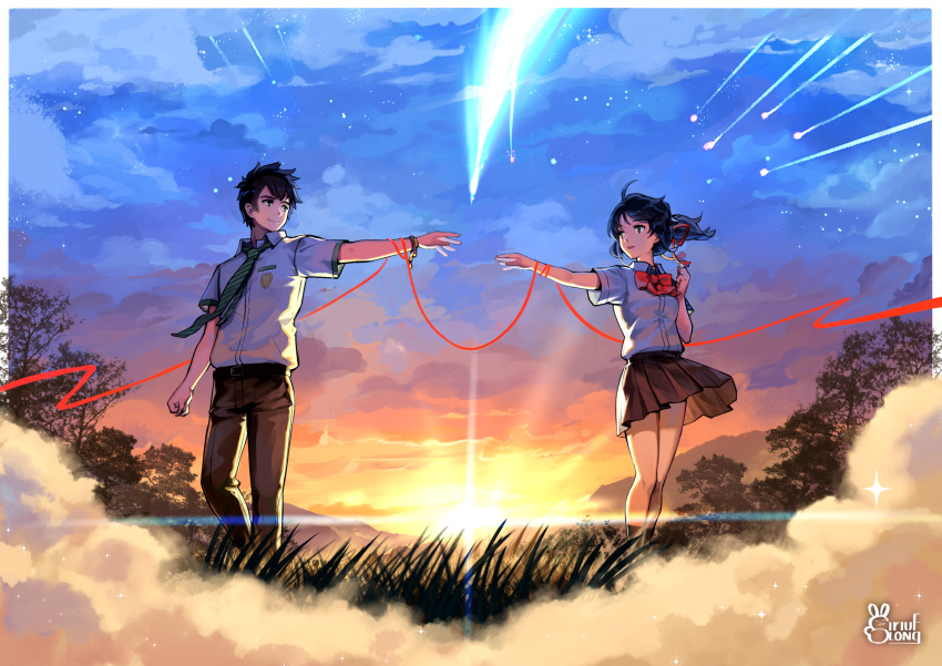 1boy 1girl ahoge black_hair black_legwear black_skirt border bow closed_mouth clouds commentary_request contrapposto dust frilled_skirt frills full_body green_necktie highres kimi_no_na_wa. legs_apart legs_together looking_at_another miyamizu_mitsuha necktie open_mouth outdoors outstretched_arms red_bow red_ribbon ribbon school_uniform shirt shooting_star short_hair short_sleeves signature siriuflong skirt sky smile sparkle string string_of_fate striped_necktie sunset tachibana_taki tree white_border white_shirt