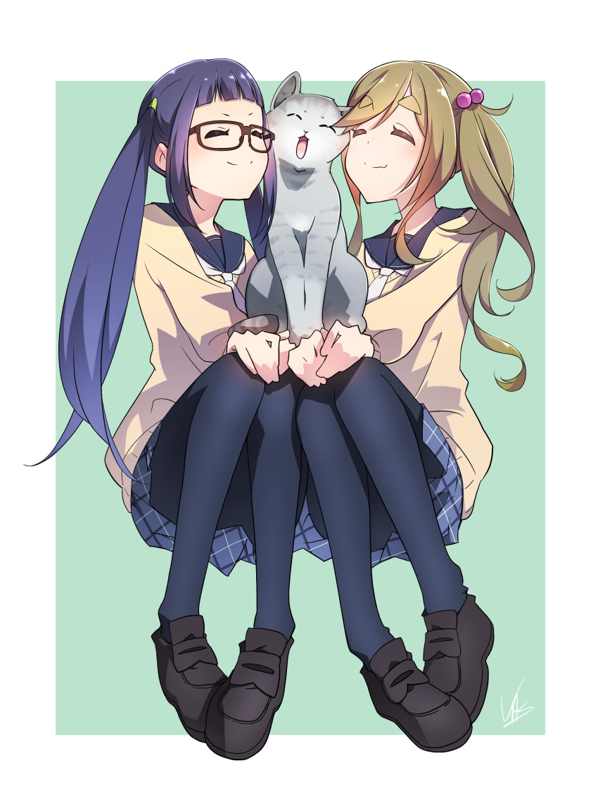 2girls absurdres animal black_legwear blonde_hair cat closed_eyes cuddling glasses hair_bobbles hair_ornament highres inuyama_aoi loafers long_hair multiple_girls oogaki_chiaki pantyhose purple_hair school_uniform shoes side_ponytail simple_background smile thick_eyebrows yasu_(pixiv) yurucamp