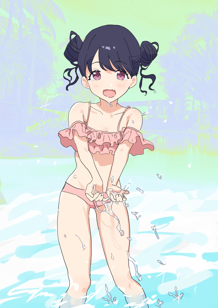 1girl absurdres artist_request bare_arms bare_legs bare_shoulders bikini black_hair commentary_request double_bun fangs frilled_bikini frills fukumaru_koito hair_bun highres idolmaster idolmaster_shiny_colors open_mouth outdoors pink_bikini shallow_water short_hair skin_fangs solo swimsuit violet_eyes wading water wet