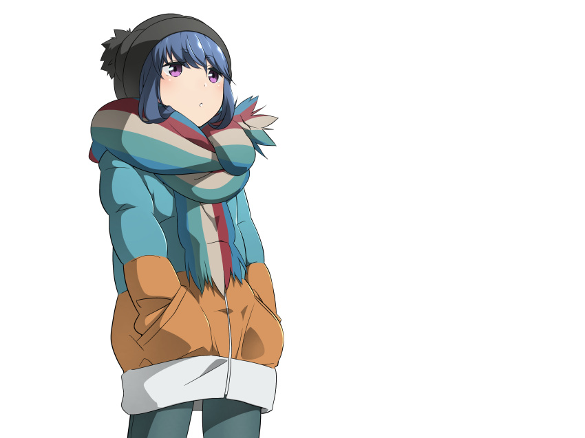 1girl absurdres beanie blue_hair hands_in_pockets hat highres jacket pink_eyes scarf shima_rin solo white_background yasu_(pixiv) yurucamp