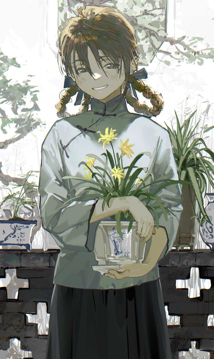 1girl absurdres black_skirt blue_ribbon blue_shirt braid brick brick_wall brown_eyes brown_hair chinese_clothes cowboy_shot flower flower_pot grin hair_ribbon highres holding long_sleeves original plant ribbon shirt skirt smile solo yanghua_gaizi yellow_flower